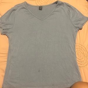 blue shirt, size large, small stain on bottom